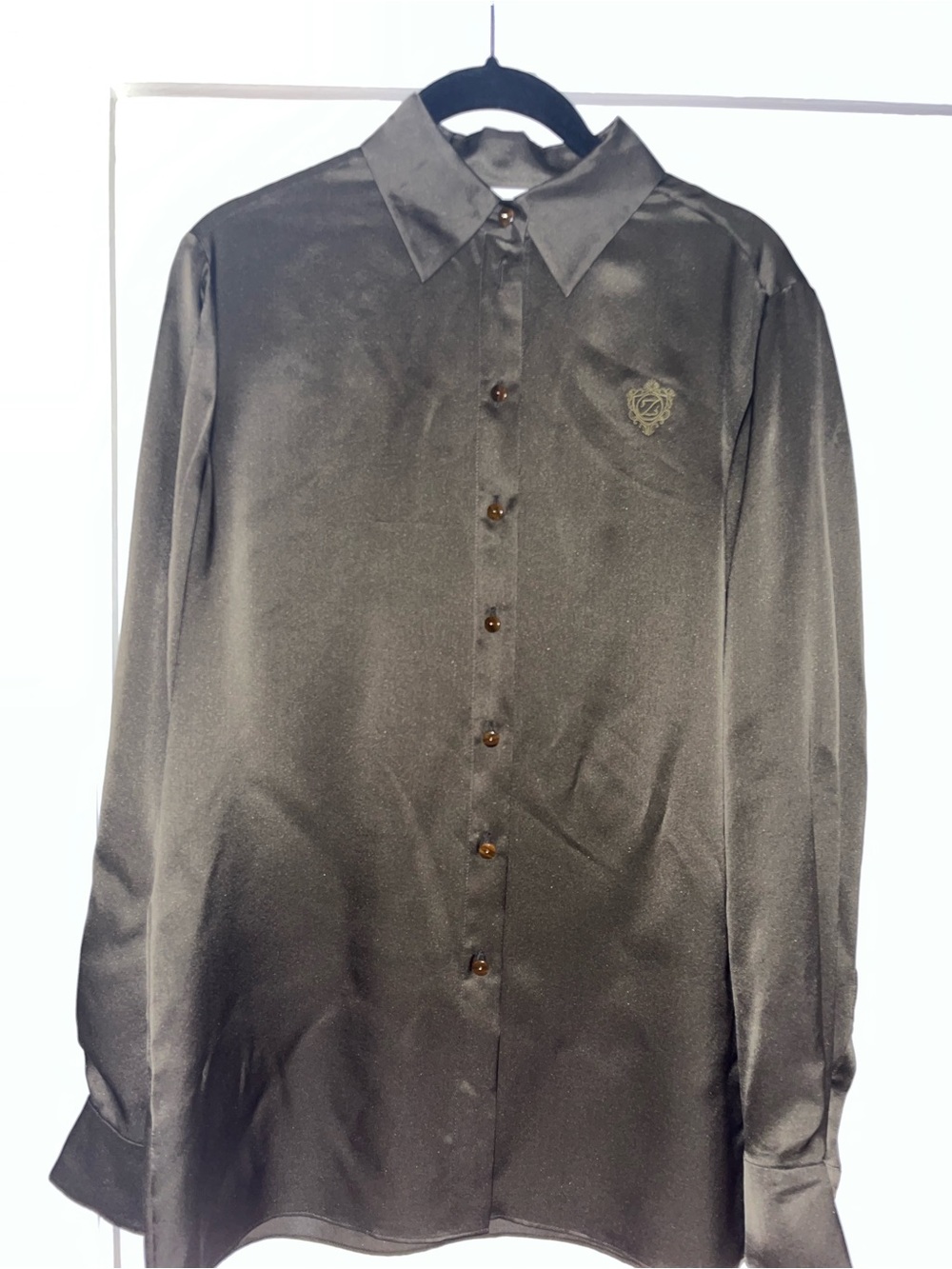 Zimmermann Green silk Button-Front Dress Shirt with Embroidered Crest
